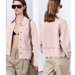 Zara NEW Blush Pink Embroidered Eyelet Overshirt Denim Jacket SZ Medium Coquette